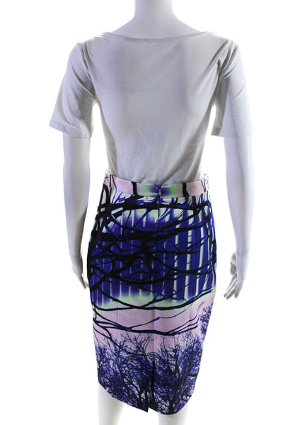 Mary Katrantzou Womens Abstract Forest Print Pencil Skirt Blue Pink Green Size 6