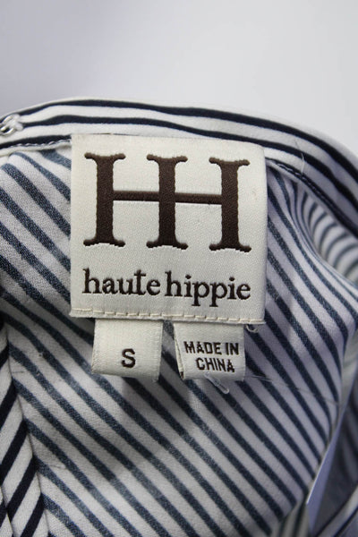 Haute Hippie Womens 100% Silk Striped Long Sleeve Blouse White Black Blue Size S