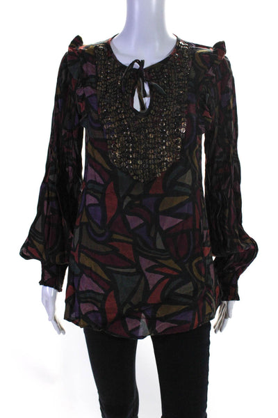 Desigual Womens Sequin Embroidered Ruffled Tunic Blouse Black Red Purple Size S
