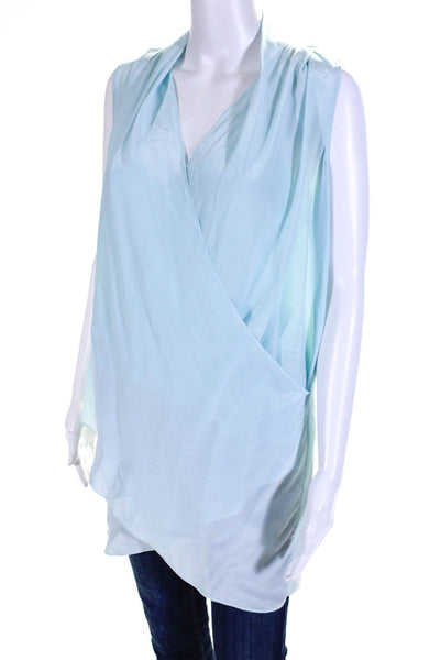 Rachel Zoe Women's Silk V Neck Faux Wrap Sleeveless Blouse Blue Size 6
