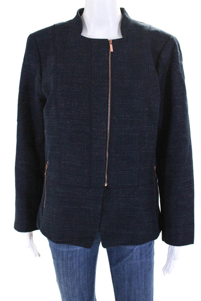 Lafayette 148 New York Womens Cotton Split Hem Long Sleeve Jacket Blue Size 14