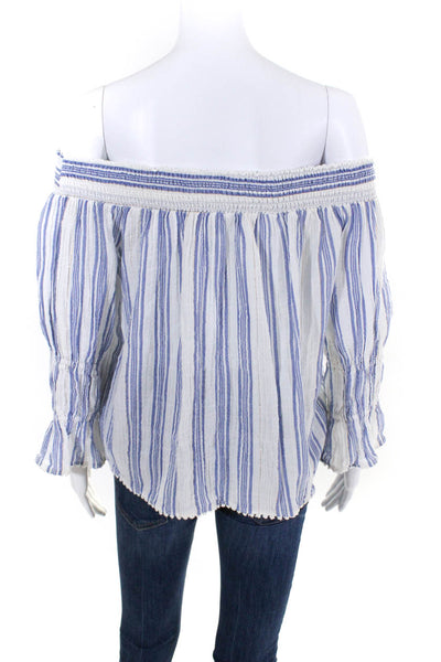 Love Shack Fancy Womens Cotton Striped Ruched Long Sleeve Blouse White Size S