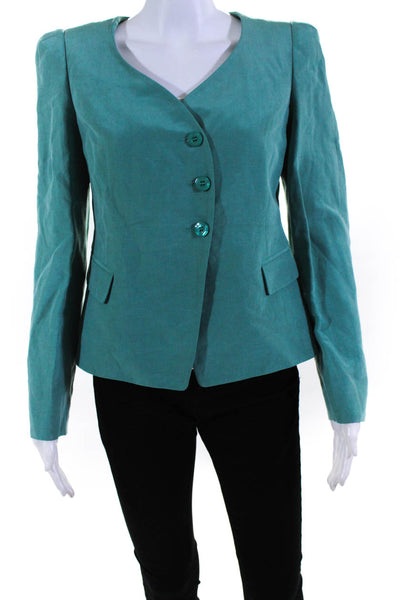 Armani Collezioni Womens Linen Flap Pockets Round Neck Blazer Teal Blue Size 6