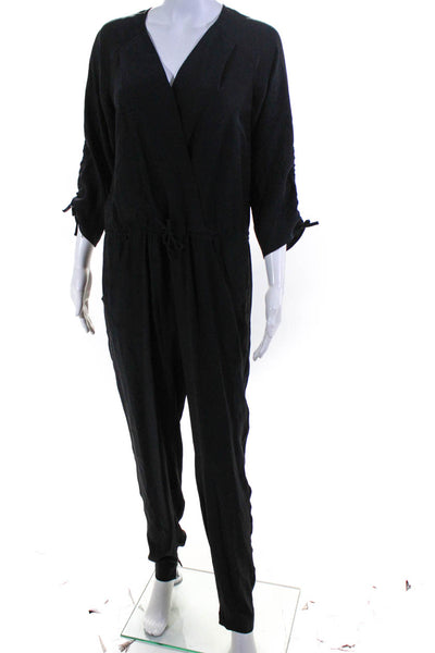 Elaine Kim Womens Surplice Drawstring Ruched Long Sleeve Jumpsuit Black Size 6