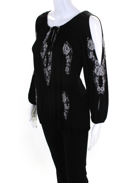 Vanita Rosa Womens Metallic Lace Long Sleeve Jersey Top Blouse Black Size Medium