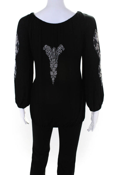 Vanita Rosa Womens Metallic Lace Long Sleeve Jersey Top Blouse Black Size Medium