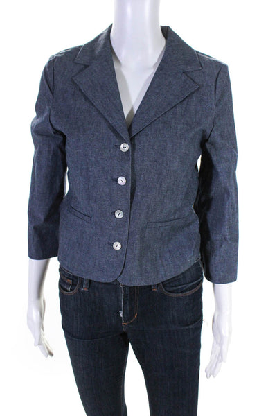 Tibi Women's Cotton Four Button 3/4 Sleeve Unlined Blazer Jacket Blue Size 8
