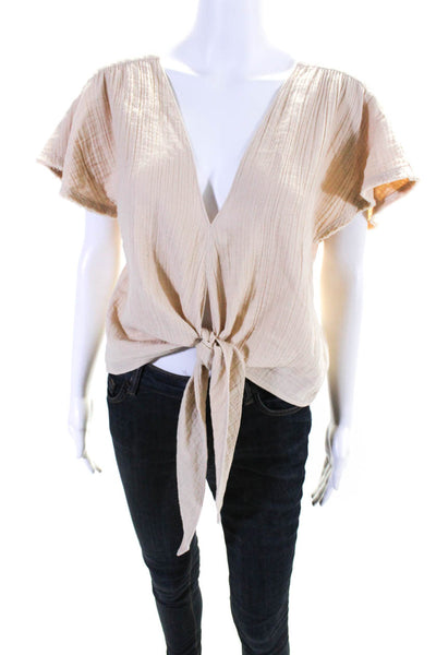 Anaak Womens V Neck Gauze Short Sleeve Wrap Top Blouse Beige Cotton Size 2