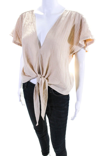 Anaak Womens V Neck Gauze Short Sleeve Wrap Top Blouse Beige Cotton Size 2