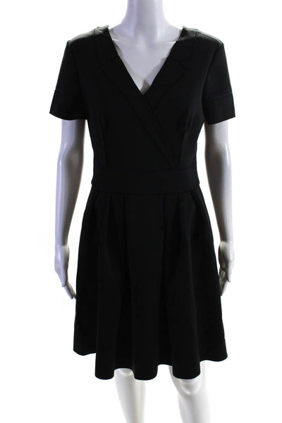 Carolina Herrera Womens V Neck Neoprene Pleated A Line Dress Black Size 8