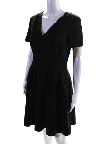 Carolina Herrera Womens V Neck Neoprene Pleated A Line Dress Black Size 8