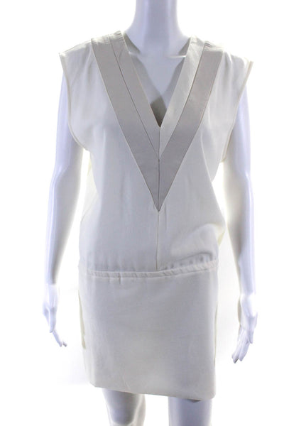 IRO Womens V Neck Faux Leather Trim Crepe Drop Waist Dress White Ecru Size FR 40