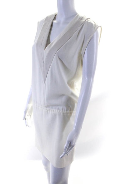IRO Womens V Neck Faux Leather Trim Crepe Drop Waist Dress White Ecru Size FR 40