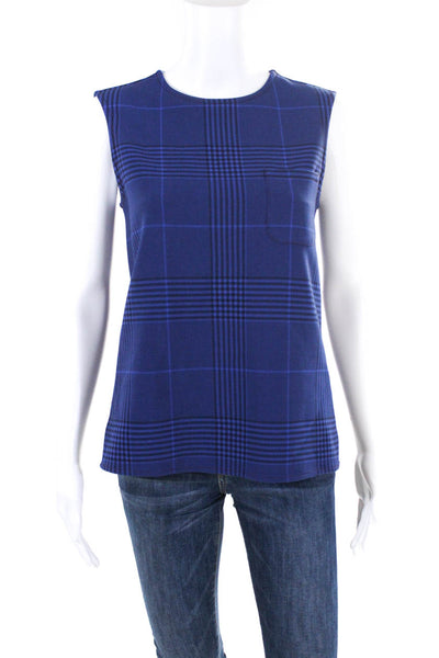 Argent Womens Woven Sleeveless Round Neck Plaid Zip Up Blouse Top Blue Size 4