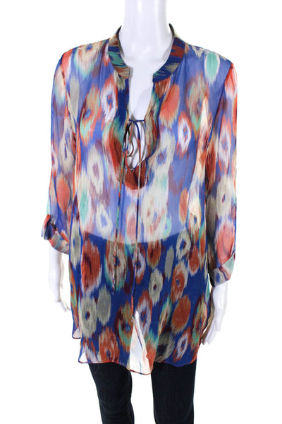 Rory Beca Womens Silk Ikat Print Key Hole Neck Blouse Multi Colored Size Medium