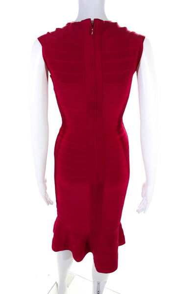 Herve Leger Women's Sleeveless V-Neck Bandage Flounce Midi Dress Red Size S