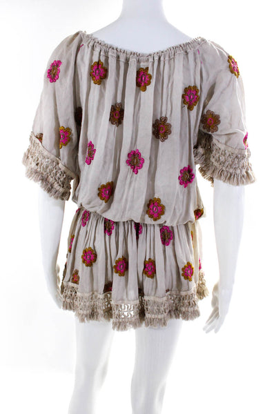 Sunday Tropez Womens Embroidered Floral Fringe Drop Waist Dress Ecru One Size