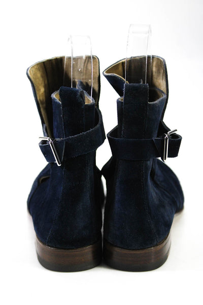 Hermes Womens Almond Toe Suede Buckle Flat Ankle Boots Navy Blue Size 35 5