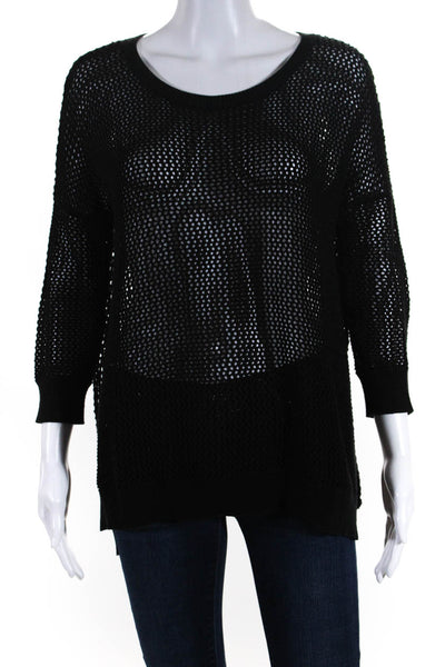 Cotton Autumn Cashmere Womens 3/4 Sleeve Scoop Neck Open Knit Sweater Black XS