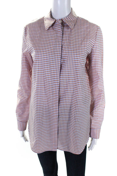Lafayette 148 New York Womens Cotton Plaid Button Up Shirt Top Orange Size S