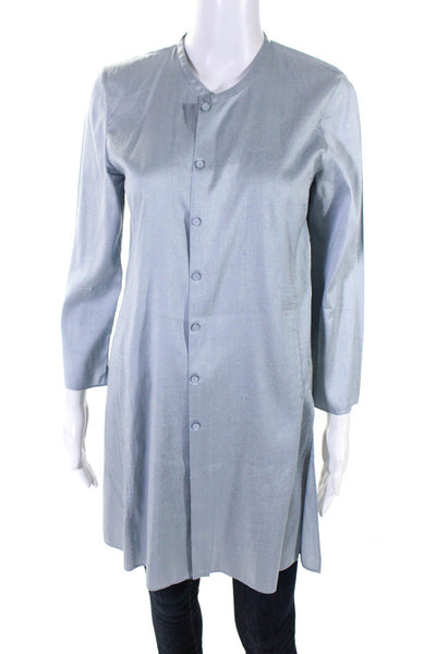 Eileen Fisher Silk Button Up Mandarin Collar Tunic Top Light Blue Size S