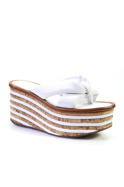 Schutz Womens Striped Platform Puffed T Strap Sandals White Leather Size 5B