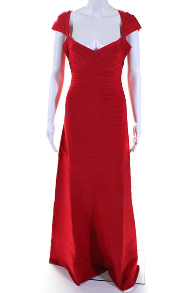 Herve Leger Women's Sleeveless Textured Sweetheart Gown Ribbed Red Size M