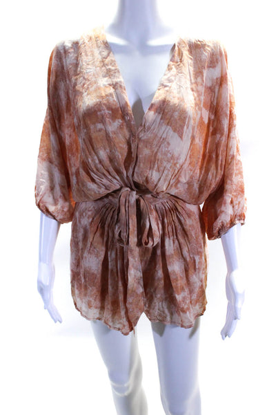 YFB Womens Tie Dyed Pleated V Neck Buttoned Half Sleeved Romper Orange Size XS