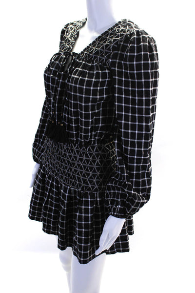 Tularosa Womens Plaid Beaded  Long Sleeved V Neck Mini Dress Black Size XXS
