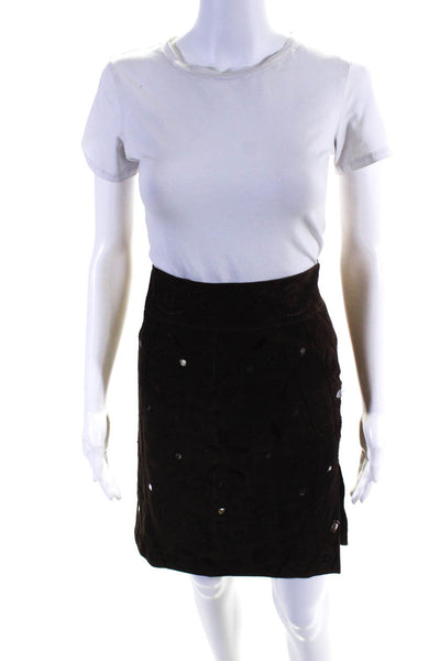 Benedetta Novi Womens Faux Suede Embroidered Leaves Pencil Skirt Brown Size 42