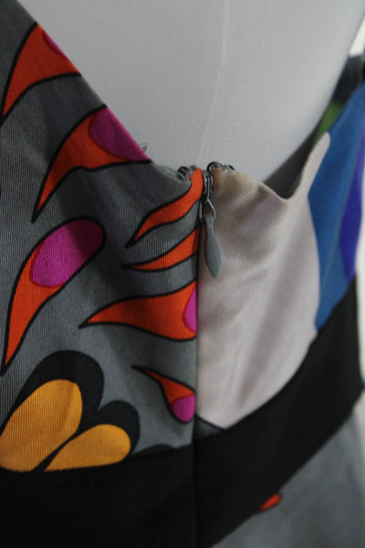 Tibi Womens Side Zip Sleeveless V Neck Abstract Silk Dress Gray Multi Size 4