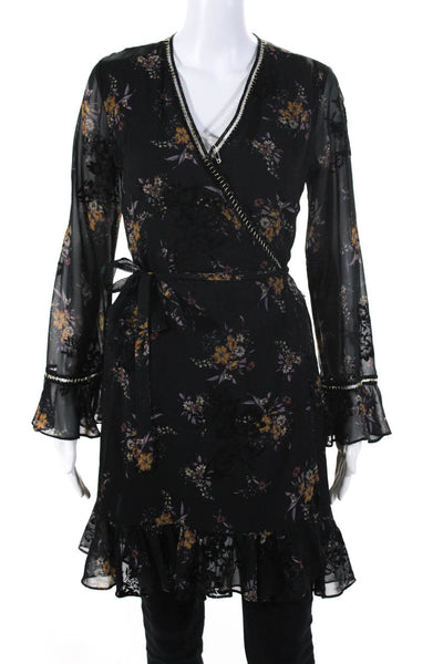 Atina Cristina Women's Silk Long Sleeve Floral Oversized Belted Blouse Black XS