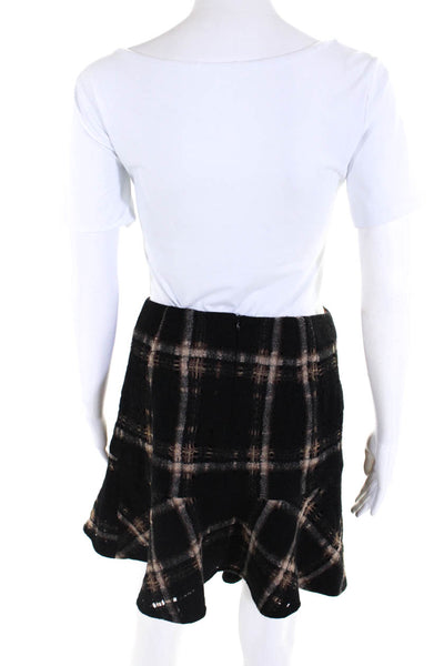 Nanette Lepore Women's Lined Wool Plaid Flounce Skirt Beige Black Size 2
