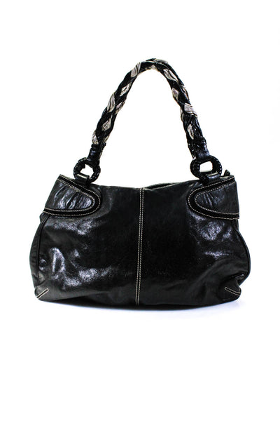 Francesco Biasia Womens Leather Stitched Braided Handle Black Large Tote Handbag