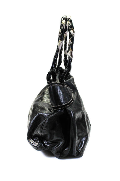 Francesco Biasia Womens Leather Stitched Braided Handle Black Large Tote Handbag