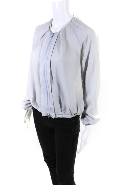 Ramy Brook Womens Silk Classic Neckline Full Zip Long Sleeve Blouse Gray Size XS