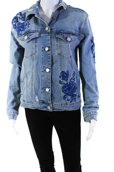 BLANKNYC Womens Blue Cotton Floral Embroidered Long Sleeve Denim Jacket Size XS