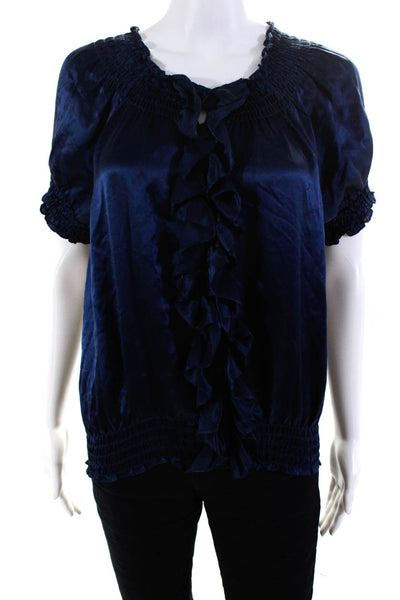 Joie Womens Smocked Satin Ruffle Short Sleeve Top Blouse Navy Blue Size Small