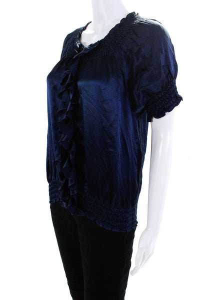 Joie Womens Smocked Satin Ruffle Short Sleeve Top Blouse Navy Blue Size Small