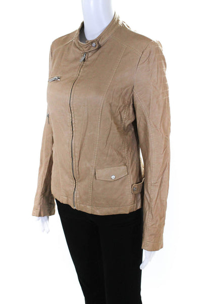 Adolfo Dominguez Womens Front Zip Collarless Faux Leather Jacket Brown Size 6