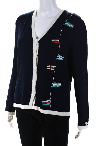 St. John Sport By Marie Gray Women's V Neck Embroidered Cardigan Navy Size S