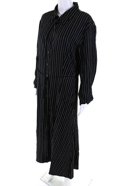 Argent Womens Pinstripe Collared Long Button Down Tied Shirt Dress Black Size XL