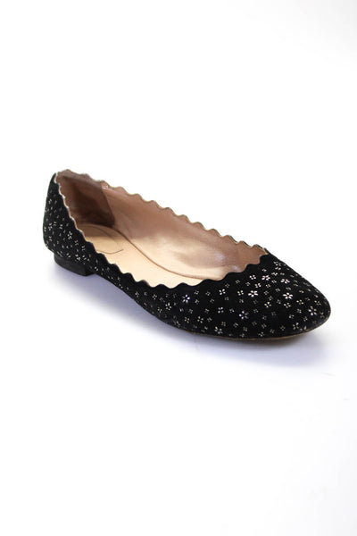 Chloe Womens Black Suede Studded Star Scalloped Edge Ballet Flats Size 8