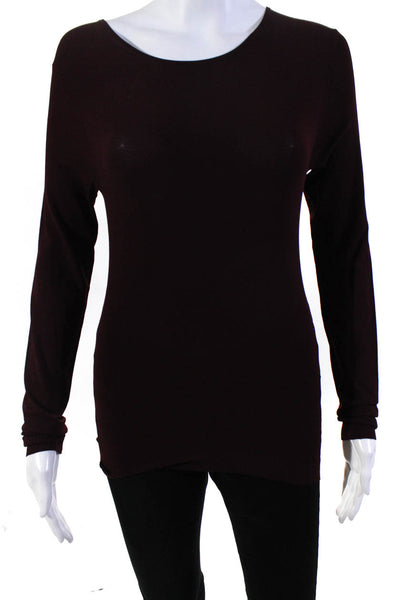 Vince Womens Ribbed Textured Hem Round Neck Long Sleeve Top Burgundy Size XS