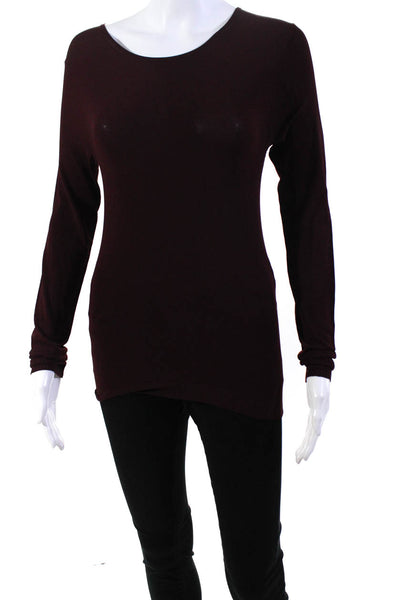 Vince Womens Ribbed Textured Hem Round Neck Long Sleeve Top Burgundy Size XS