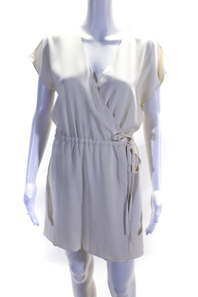 Theory Womens V-Neck Tie Draped Ruched Buttoned Short Sleeve Romper Cream Size 6