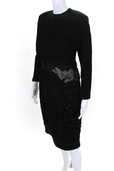 Vera Wang Women's Round Neck 3/4 Sleeves Embellish Embroider Midi Dress Black 42