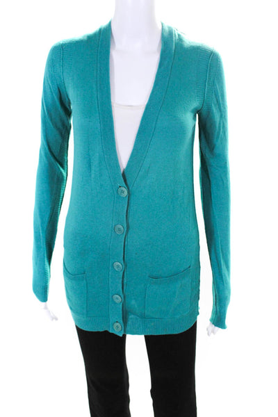 Theory Womens Cotton Knit Long Sleeve Button Cardigan Sweater Teal Size P/TP