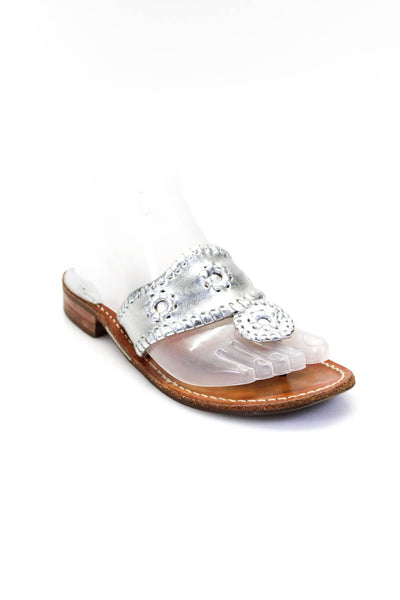 Jack Rogers Women's Leather T Strap Slip On Casual Sandals Silver Size 7
