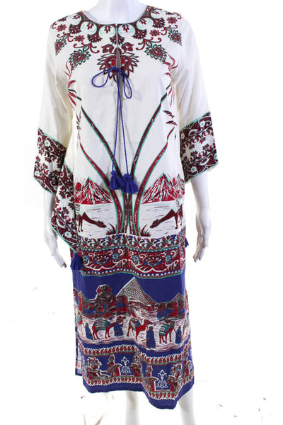 Figue Womens Graphic Floral Print Tassel Slit Maxi Tunic Dress White Size XS
